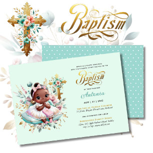 Invitation Black Girl's BAPTISM Pink Gold Floral Cross