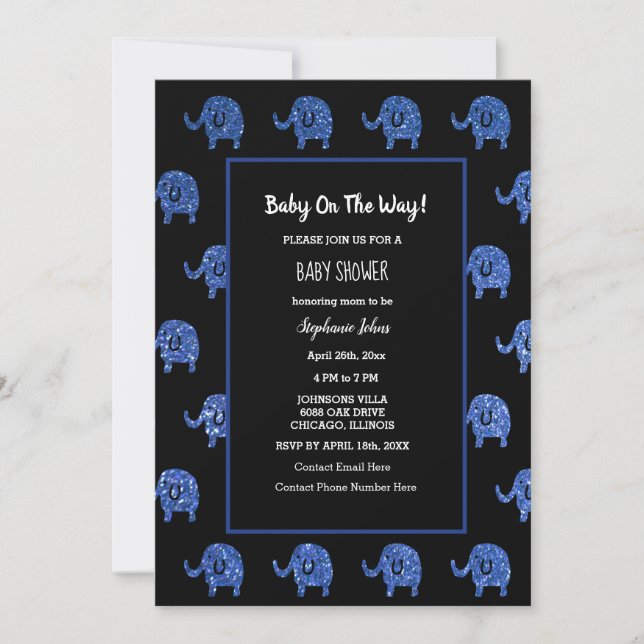 Invitation Black Glittery Blue Baby shower Elephant Animaux (Devant)