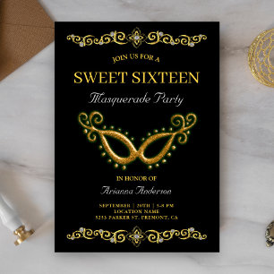 Invitation Black Gold 16e anniversaire Masquerade Sweet sixte