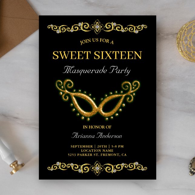 Invitation Black Gold 16e anniversaire Masquerade Sweet sixte (Créateur téléchargé)