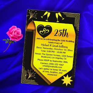 Invitation Black Gold 25e anniversaire Mariage Simple moderne
