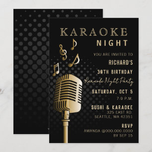 Invitation Black Gold 30th Birthday Karaoke Night Party