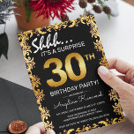 Invitation Black & Gold 30th Surprise Birthday Party<br><div class="desc">Élégante invitation à la fête d'anniversaire en noir et or,  avec une bordure en or ornée,  de grands numéros d'or de l'âge et un modèle d'anniversaire facile à customiser.</div>