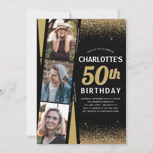 Invitation Black Gold 3 Photo Film Parties scintillant N'impo