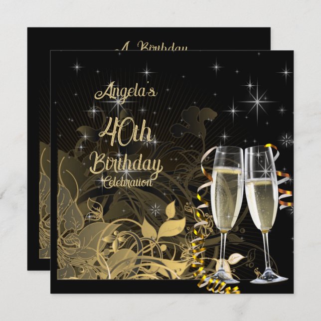 Invitation Black & Gold 40e Anniversaire Champagne Glasses (Devant / Derrière)
