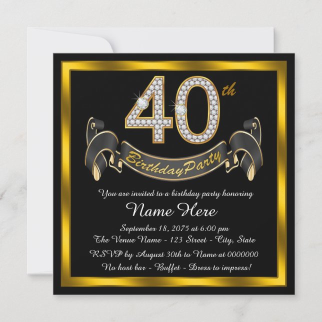 Invitation Black Gold 40th Birthday Party (Devant)