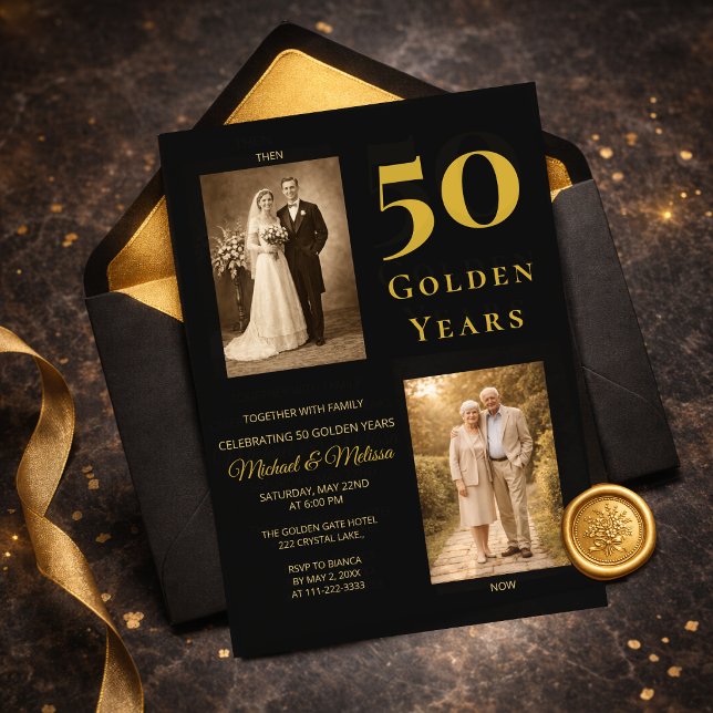 Invitation Black Gold 50th Anniversary Then Now Elegant (Elegant black and gold 50th anniversary invitation flat lay with envelope)