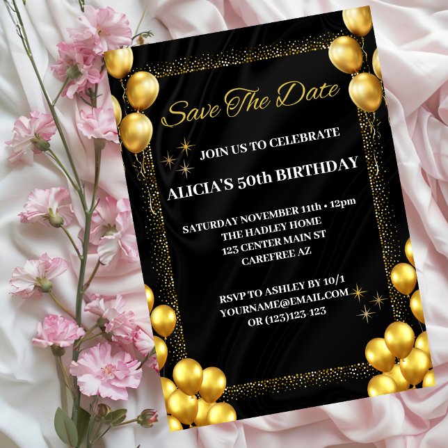 Invitation Black Gold 50th Birthday Enregistrer la date Invit (Créateur téléchargé)