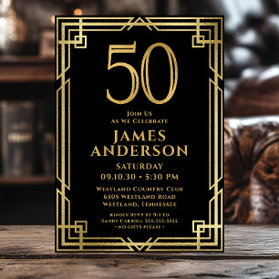 Invitation Black Gold 50th Birthday Photo