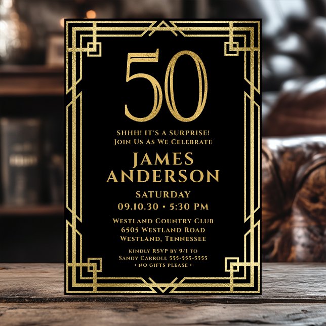 Invitation Black Gold 50th Birthday Photo Surprise Party (Créateur téléchargé)