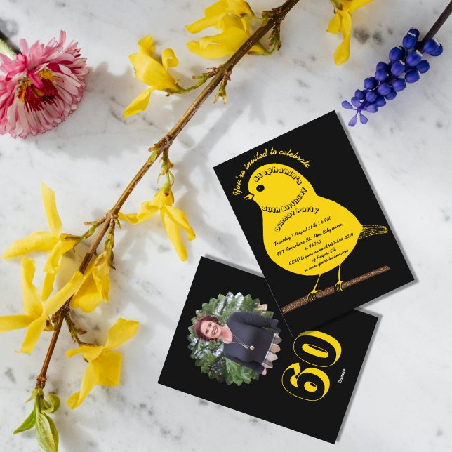 Invitation Black & Gold 60th Birthday Cute Bird Dinner Party (Créateur téléchargé)