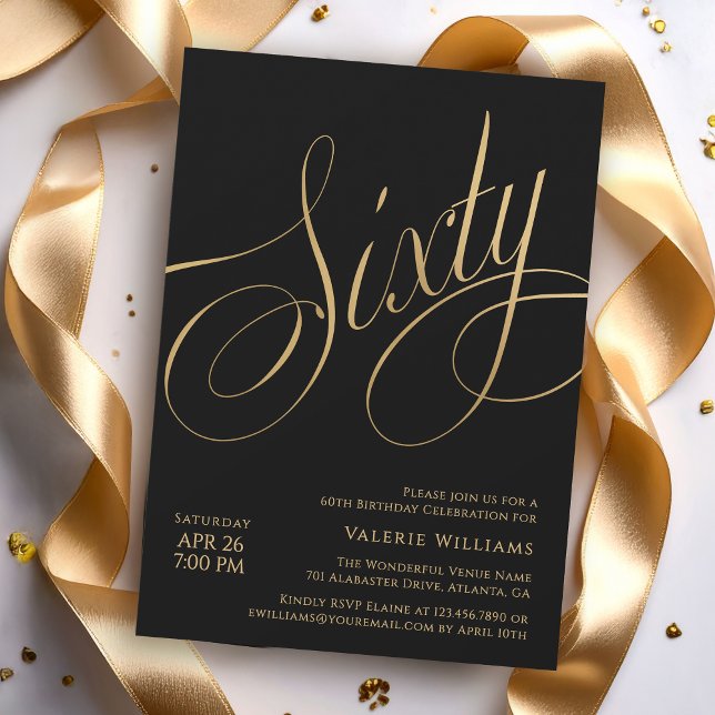Invitation Black Gold 60th Birthday Elegant Calligraphy (Available in both printed and instant download digital formats.)