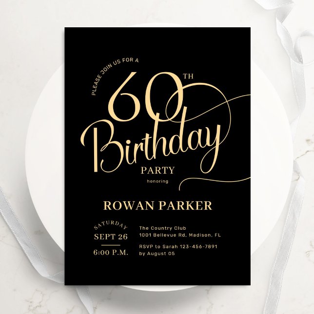 Invitation Black Gold 60th Birthday Elegant Script (Créateur téléchargé)