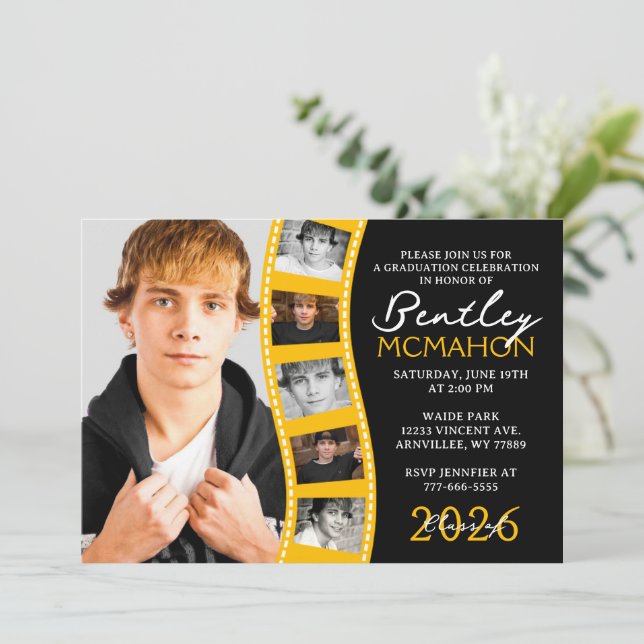 Invitation Black & Gold 6 Photo Filmstrip Graduation Collage (Debout devant)