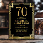 Invitation Black Gold 70th Birthday Photo<br><div class="desc">Cette fabuleuse invitation de 70e anniversaire pour hommes en noir et or, portant le numéro 70 en or avec des polices modernes entourée d'un cadre en or art déco sur le devant et votre photo préférée de l'invité d'honneur en noir et blanc sur le dos, serait parfaite pour demander aux...</div>