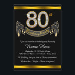 Invitation Black Gold 80th Birthday Party<br><div class="desc">Invitation de fête du 80e anniversaire avec numéros de diamant et bannière sur un magnifique arrière - plan noir et or riche. Cette belle invitation de fête de 80ème anniversaire noir et or classe est facilement customisée pour votre événement. Vous pouvez modifier la couleur de l'arrière - plan. Ce design...</div>