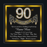 Invitation Black Gold 90th Birthday Party<br><div class="desc">Elégante invitation à la fête du 90ème anniversaire avec des numéros de diamants or et une bannière sur un arrière - plan noir et or. Cette belle invitation de fête de 90ème anniversaire en noir et or est facilement customisée pour votre événement. Vous pouvez modifier la couleur de l'arrière -...</div>