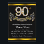 Invitation Black Gold 90th Birthday Party<br><div class="desc">Invitation de 90ème anniversaire avec numéros de diamants et bannière sur un bel arrière - plan noir et or. Cette belle invitation de fête de 90ème anniversaire en noir et or est facilement customisée pour votre événement. Vous pouvez modifier la couleur de l'arrière - plan. Ce design frappant fonctionne bien...</div>