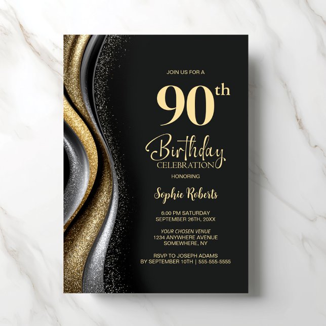 Invitation Black Gold 90th Birthday Party (Créateur téléchargé)