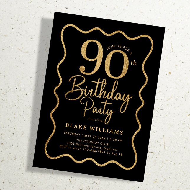 Invitation Black Gold 90th Birthday Wavy Border (Créateur téléchargé)