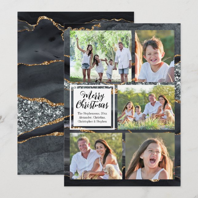 Invitation Black Gold Agate 5 photo Joyeux Noël (Devant / Derrière)