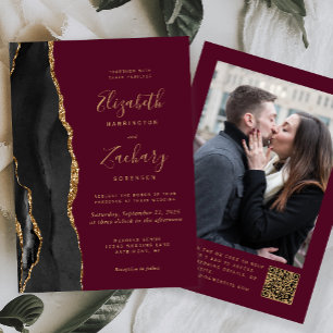 Invitation Black Gold Agate Bourgogne Photo QR Code Mariage