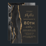 Invitation Black Gold Agate Dark 80th Birthday Party<br><div class="desc">Le bord gauche de cette élégante invitation à la fête d'anniversaire moderne comporte une bordure en aquarelle noire ornée d'une parties scintillant en faux or. Le texte personnalisable combine écriture manuscrite dorée, cuivre et polices italiques sur un arrière - plan noir ardoise. L'envers est assorti d'un design d'agate noir et...</div>