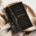 Invitation Black Gold Agate Dark 90th Birthday Party<br><div class="desc">Le bord gauche de cette élégante invitation à la fête d'anniversaire moderne comporte une bordure en aquarelle noire ornée d'une parties scintillant en faux or. Le texte personnalisable combine écriture manuscrite dorée, cuivre et polices italiques sur un arrière - plan noir ardoise. L'envers est assorti d'un design d'agate noir et...</div>