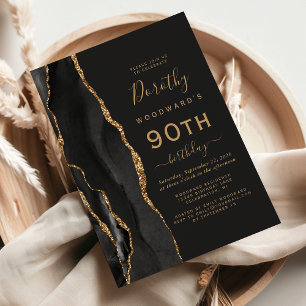 Invitation Black Gold Agate Dark 90th Birthday Party