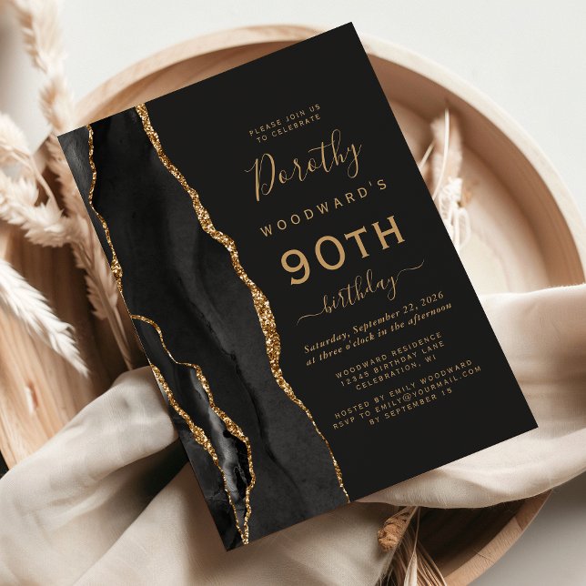 Invitation Black Gold Agate Dark 90th Birthday Party (Créateur téléchargé)