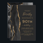 Invitation Black Gold Agate Dark 90th Birthday Party<br><div class="desc">Le bord gauche de cette élégante invitation à la fête d'anniversaire moderne comporte une bordure en aquarelle noire ornée d'une parties scintillant en faux or. Le texte personnalisable combine écriture manuscrite dorée, cuivre et polices italiques sur un arrière - plan noir ardoise. L'envers est assorti d'un design d'agate noir et...</div>