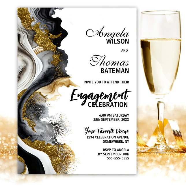 Invitation Black Gold Agate Marble Partie d'engagement (Créateur téléchargé)