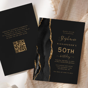Invitation Black Gold Agate QR Code 50e anniversaire