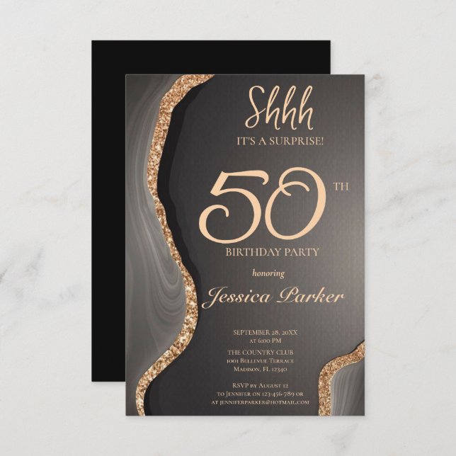Invitation Black Gold Agate Surprise 50e anniversaire (Devant / Derrière)