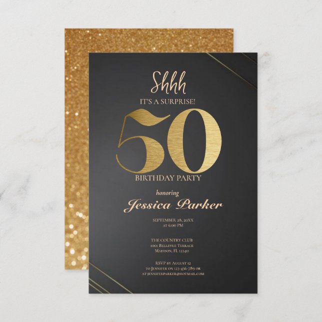 Invitation Black Gold Agate Surprise 50e anniversaire (Devant / Derrière)