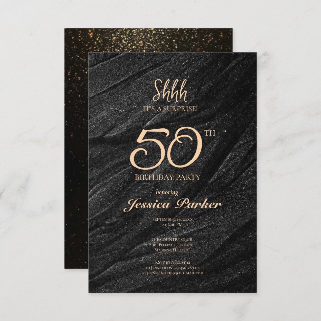 Invitation Black Gold Agate Surprise 50e anniversaire (Devant / Derrière)