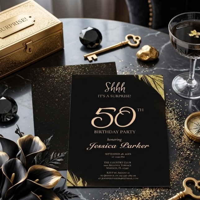 Invitation Black Gold Agate Surprise 50e Anniversaire (Créateur téléchargé)