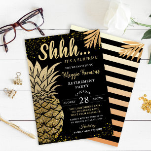 Invitation Black Gold Ananas Surprise Retraite Party