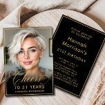 Invitation Black & Gold Anniversaire de la joie à 21 ans Phot<br><div class="desc">Célébrez en style avec cette invitation photo d'anniversaire en noir et or, avec l'écriture en or chic "Cheers to 21 Years". Personnalisé avec votre photo, ce design moderne et élégant est la façon parfaite de marquer un jalon de 21e anniversaire. L'avant met en valeur l'invité d'honneur avec une typographie audacieuse,...</div>