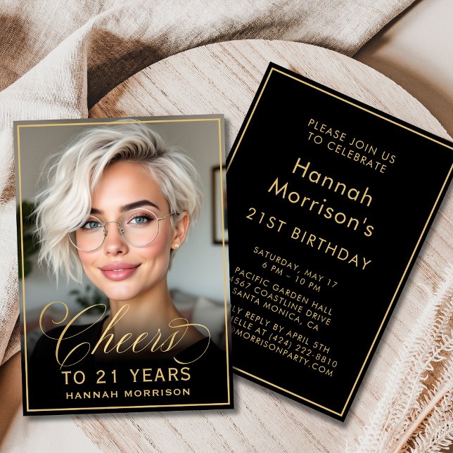 Invitation Black & Gold Anniversaire de la joie à 21 ans Phot (Créateur téléchargé)