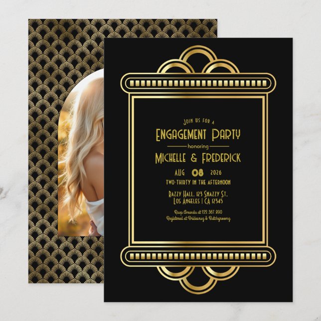 Invitation Black & Gold Art Deco Gold Engagement Party Photo (Devant / Derrière)