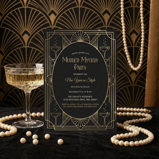 Invitation Black Gold Art Deco Murder Mystery New Year Party (Art Deco New Year’s Eve Party – Black & Gold, Champagne, Personalized)