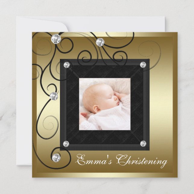 Invitation Black Gold Baby Girl Photo Christening (Devant)
