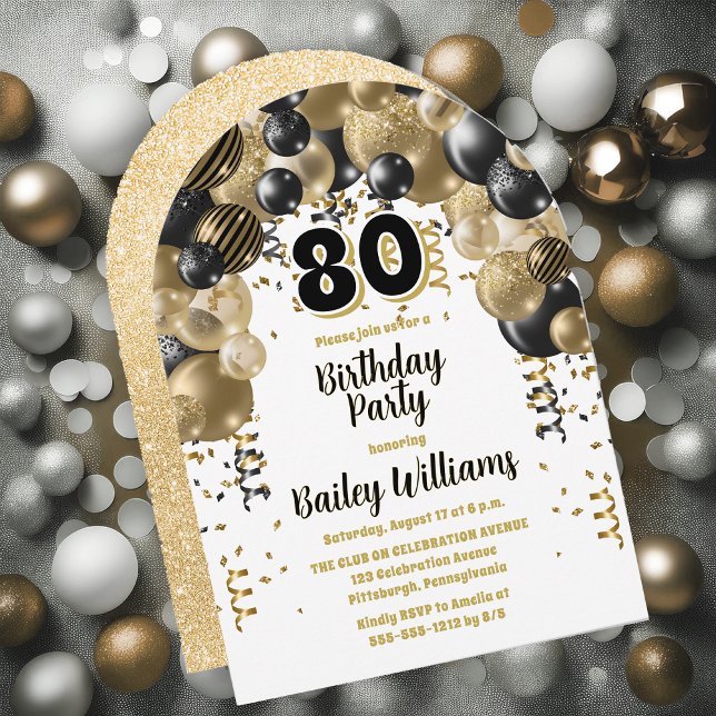 Invitation Black Gold Balloons 80e fête d'anniversaire (Black, Gold Tone and White  Celebration Balloons "80" 80th Birthday Party Invitation - Print | Digi)