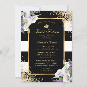Invitation Black Gold Blanc Calla Lily Sweet 16 Anniversaire