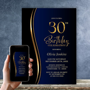 Invitation Black Gold Blue 30e fête d'anniversaire