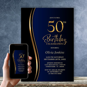 Invitation Black Gold Blue 50e fête d'anniversaire