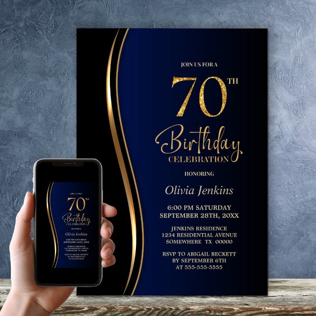 Invitation Black Gold Blue 70e fête d'anniversaire (Créateur téléchargé)