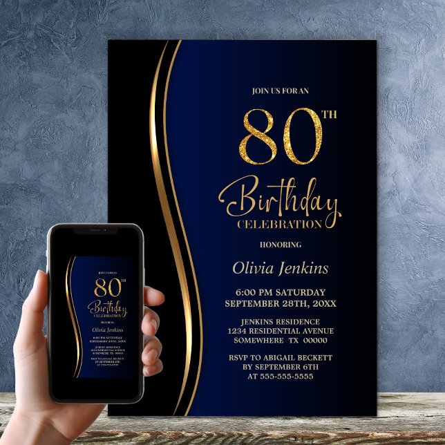 Invitation Black Gold Blue 80e fête d'anniversaire (Créateur téléchargé)