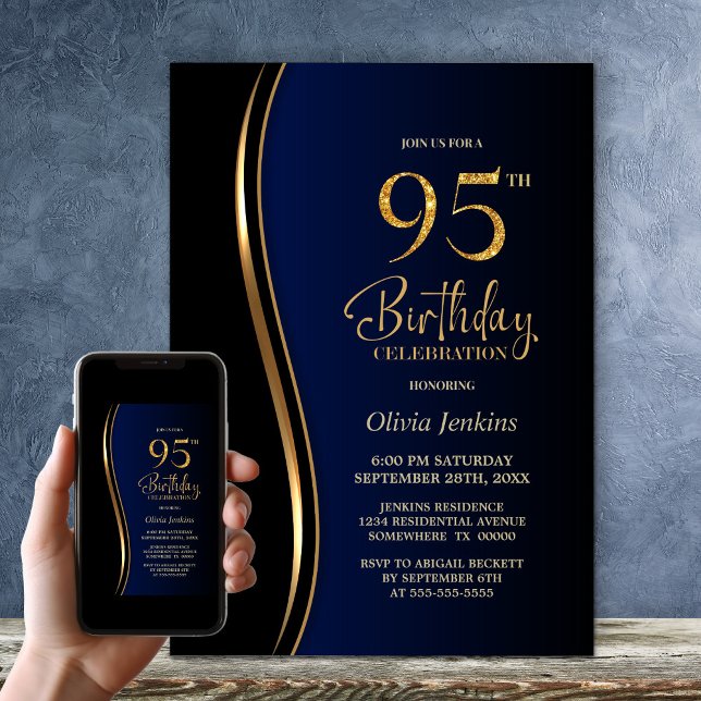 Invitation Black Gold Blue 95e anniversaire fête (Créateur téléchargé)